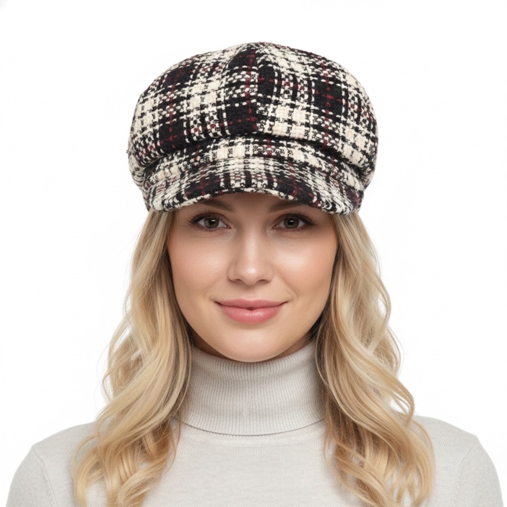 Indigo Soul Plaid Tweed Baker Boy Hat Newsboy Cap Red Black White One Size